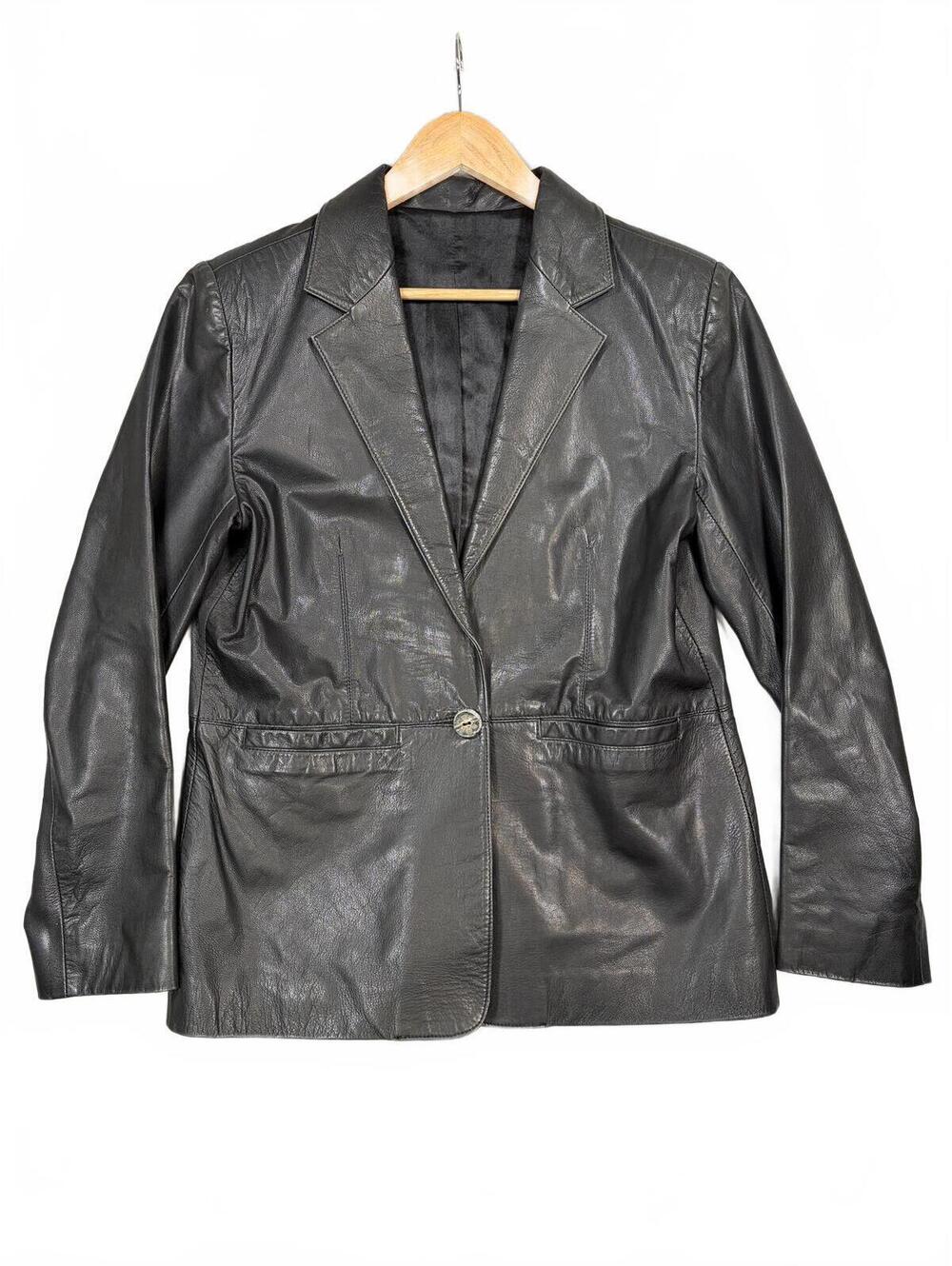 Vintage 100% Leather Jacket 8/M Black Blazer Bone Button 90s Y2K Timeless Chic